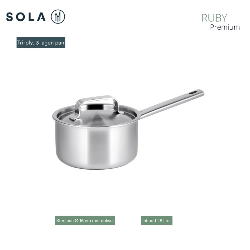 Sola Topfset Ruby 4-Teilig Premium Triply Edelstahl - Kochtopf ø 16, 18, 20 cm & Stielkasserolle ø 16 cm - Induktionsgeeignet