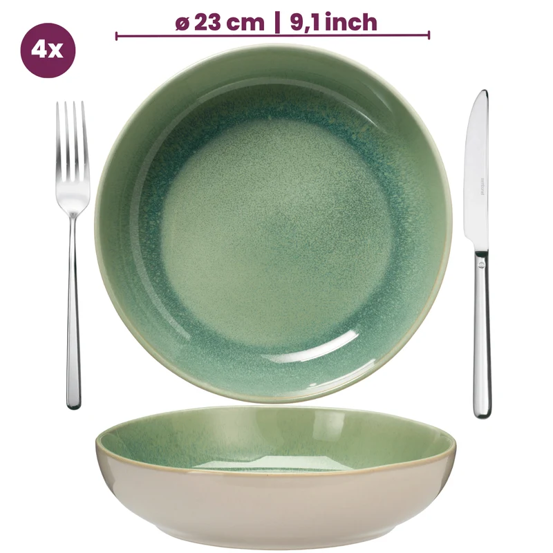 Cookinglife Serene Green 12-teiliges Geschirrset / 4 Personen - 4 Speiseteller, 4 Frühstücksteller und 4 Schüsseln