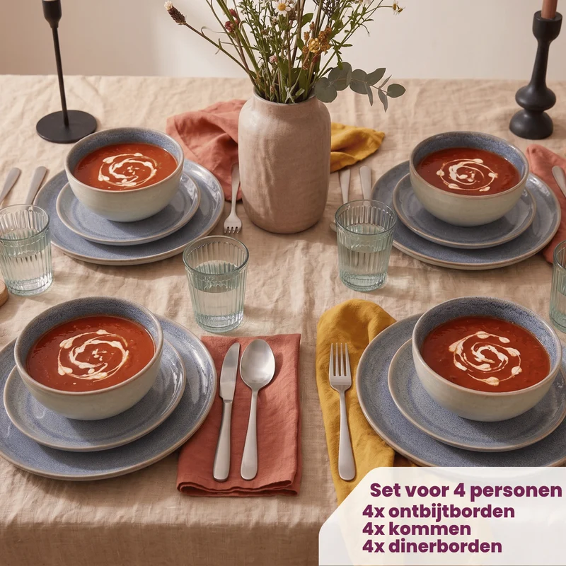Cookinglife Serene Blue 12-teiliges Geschirrset / 4 Personen - 4 Speiseteller, 4 Frühstücksteller und 4 Schüsseln