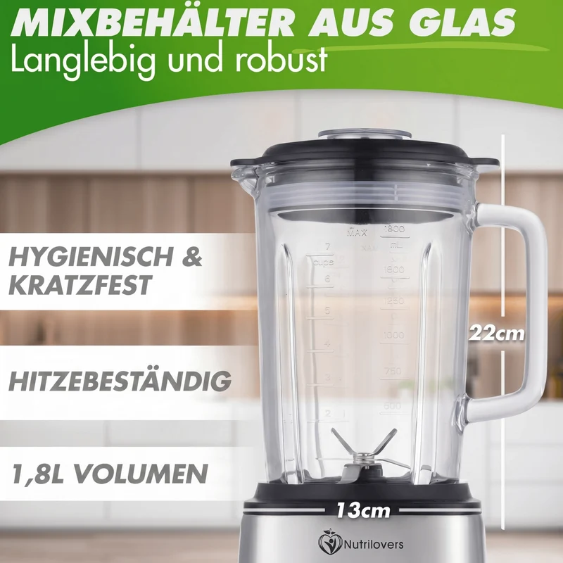 Standmixer Glas NUTRI-BLENDER GLAS+ Hochleistungsmixer mit Glasbehälter 1800W, 1.8L