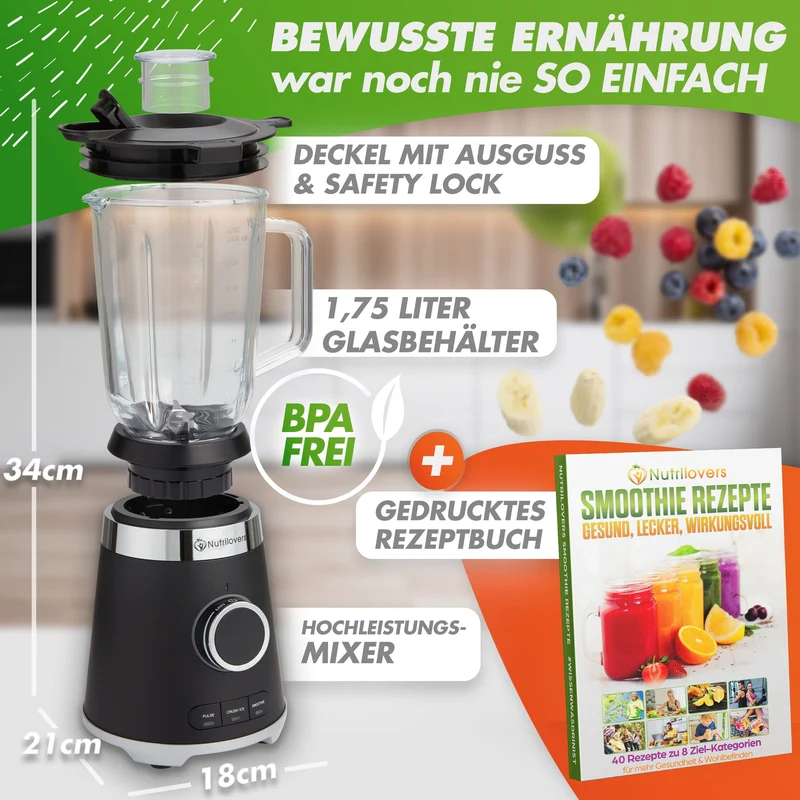 NUTRI-BLENDER GLAS (B) Standmixer mit Glasbehälter, 1300W, 3 Programme inkl. Rezeptbuch
