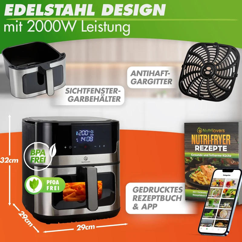 NUTRI-FRYER (B) Heißluftfritteuse XXL Edelstahl, 8L, 2000W, Ober-& Unterhitze