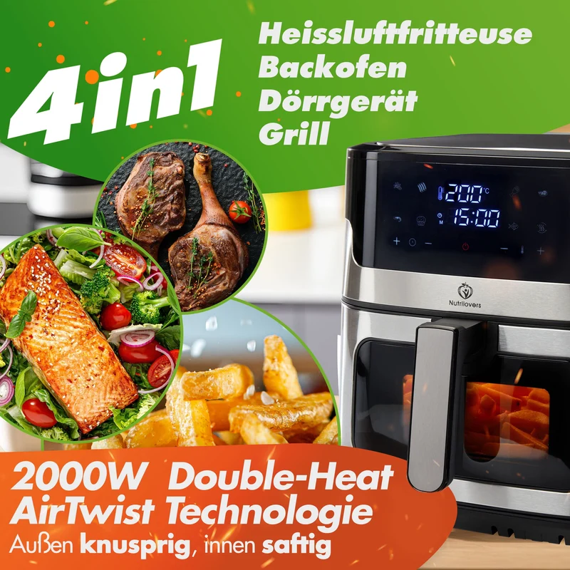 NUTRI-FRYER (B) Heißluftfritteuse XXL Edelstahl, 8L, 2000W, Ober-& Unterhitze