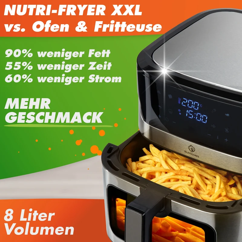 Heißluftfritteuse NUTRI-FRYER Edelstahl, 8L, 2000W, Ober-& Unterhitze
