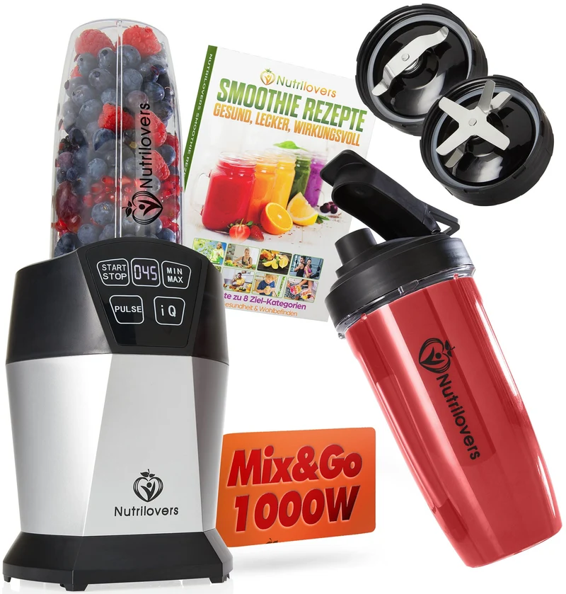 NUTRI-BLENDER (B) Smoothie-Maker to go 1000 Watt Mini-Mixer mit Auto-IQ, BPA-frei, Inkl. Rezeptbuch, 2x Becher und To go Deckel