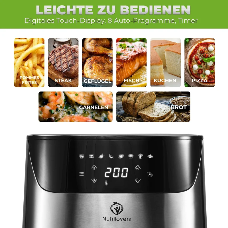 NUTRI-FRYER (B) EDELSTAHL Heißluftfritteuse XXL 2000W 5.0L