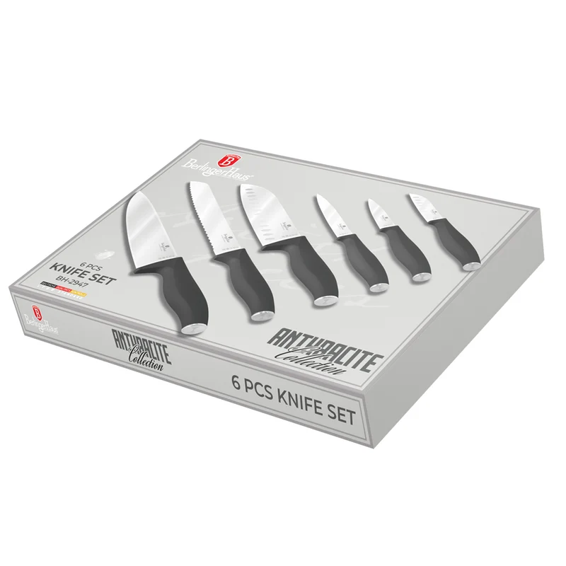 BerlingerHaus Messerset Matt Anthrazit 6-teilig - Kochmesser, Brotmesser, Santokumesser, Officemesser, Schälmesser & Mini Santokumesser