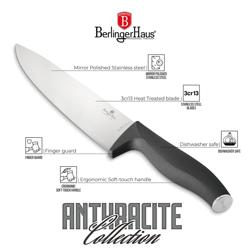 BerlingerHaus Messerblock Matt Anthrazit Rund 6-teilig - Kochmesser, Brotmesser, Santokumesser, Officemesser & Schälmesser