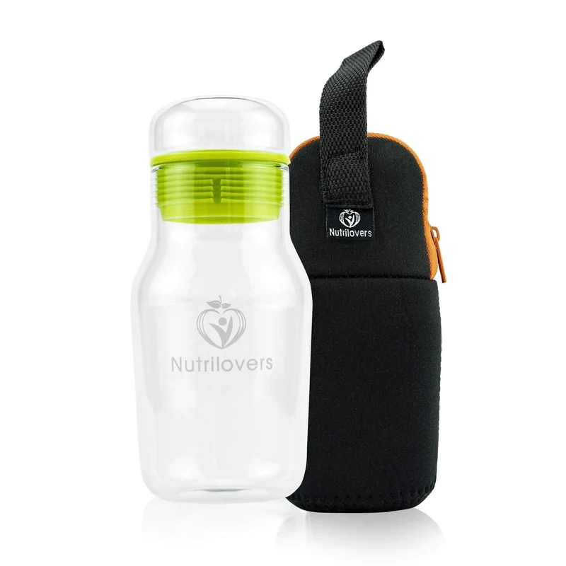 Trinkflasche NUTRI-GOLD aus Borosilikat-Glas mit Schutzhülle (BPA-frei)