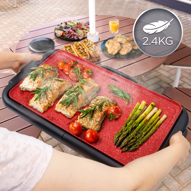 Duronic GP25 elektrischer Tischgrill 2000 W, Antihaftbeschichtung, rot, Barbecue Elektrogrill, einfache Reinigung, Easygrill für Fleisch und Gemüse, extragroße Grillfläche, Teppanyaki, Plancha