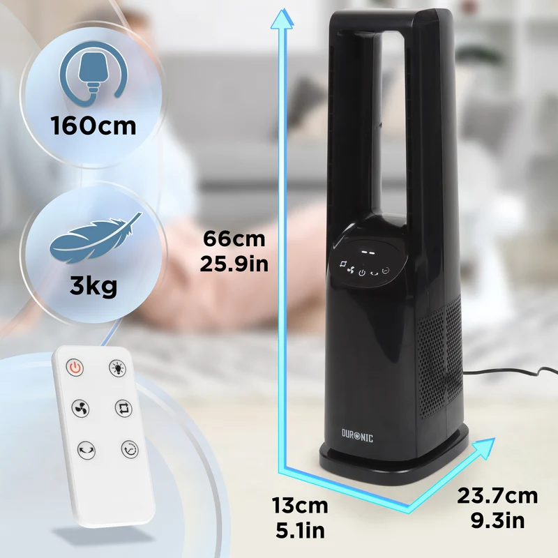 Duronic FN72 BK Turmventilator, Ventilator ohne Propeller, mit Fernbedienung | 3 Geschwindigkeiten, Turmkühler mit 60W, 3 Windmodi, Oszillation für gute Luftzirkulation, Windmaschine mit Timer Funktion