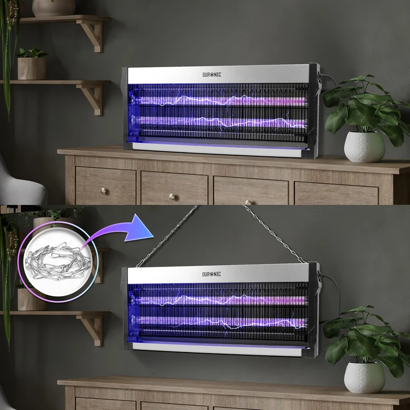 Duronic FK2X10 Elektrischer Fliegenfänger, großer UV-Insektenvernichter | Zwei UV-Spektren, herausnehmbare Auffangschale und Aufhängekette, 16W energiesparende Insektenfalle für Küche und Zuhause