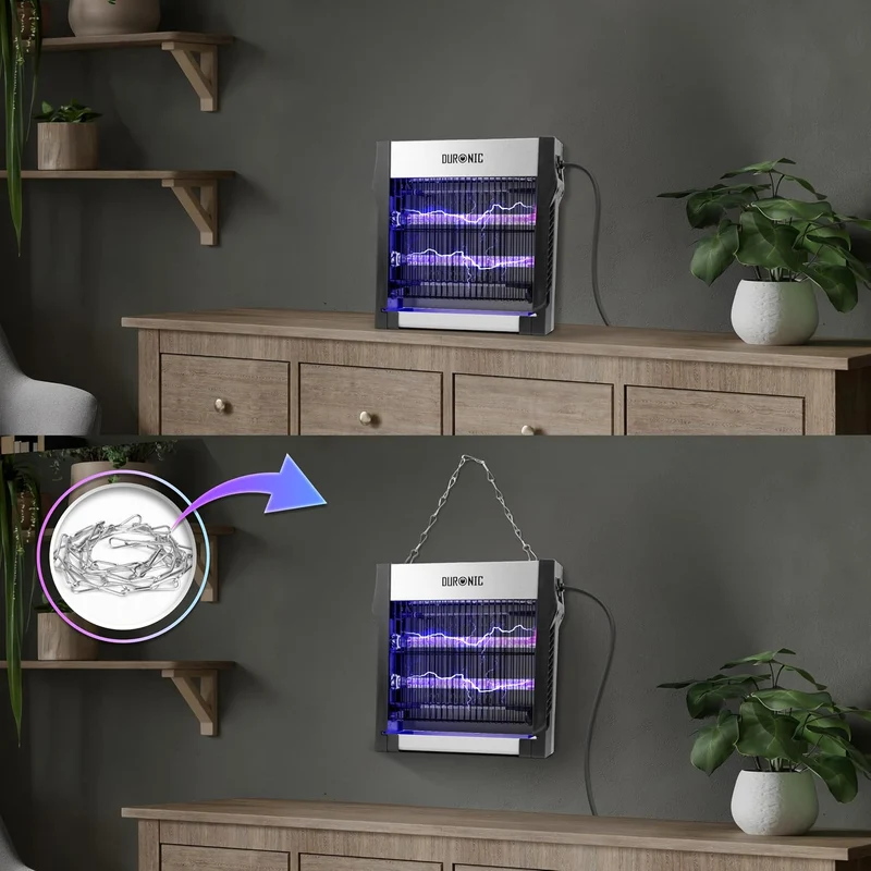 Duronic FK2X4 Elektrischer Fliegenfänger, Kleiner UV-Insektenvernichter | Zwei UV-Spektren, herausnehmbare Auffangschale und Aufhängekette, 8W energiesparende Insektenfalle für Küche und Zuhause
