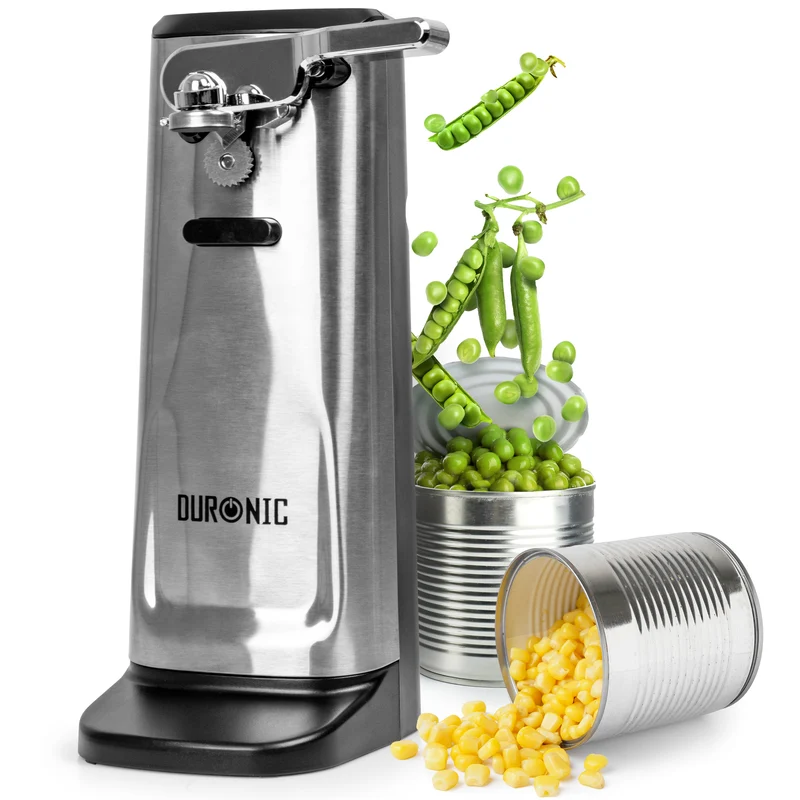 Duronic CO60 Dosenöffner, elektrischer Büchsenöffner für bis zu 600 ml Konservendosen, 3-in-1 automatischer Konservenöffner mit Messerschärfer und Flaschenöffner