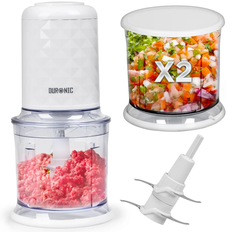 Duronic CH57 WE Elektrischer Zerkleinerer 500W, 2x 700 ml Schüsseln mit Deckel, Küchenmaschine für Gemüse, Obst, Nüsse & Kräuter, Ideal für Saucen, Püree & Babynahrung