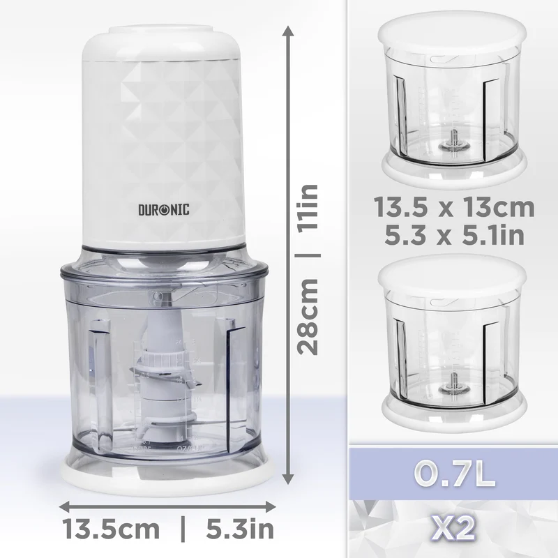 Duronic CH57 WE Elektrischer Zerkleinerer 500W, 2x 700 ml Schüsseln mit Deckel, Küchenmaschine für Gemüse, Obst, Nüsse & Kräuter, Ideal für Saucen, Püree & Babynahrung