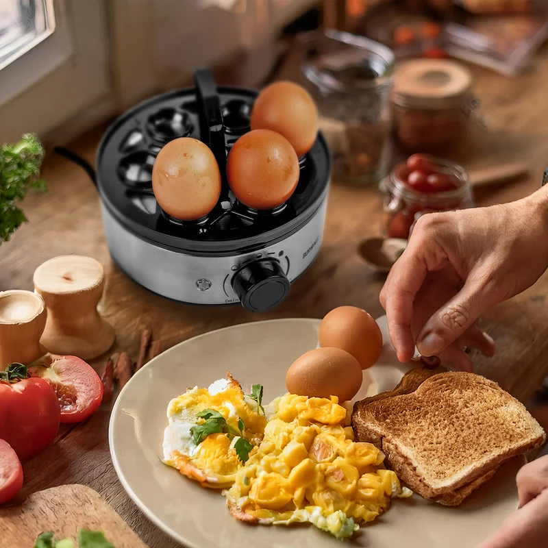 Duronic EB50 BK Eierkocher für 7 Eier, 400 Watt, Härtegrad von weich bis hart, mit Timer, mit Messbecher und Eipick, Frühstücksei für Familie