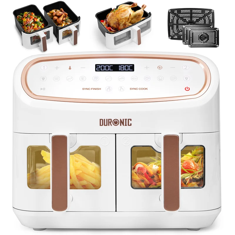 Duronic AF34 WE Heißluftfriteuse, XXL Heißluftfritteuse mit 2 Kammern für Pommes, Friteuse HLF 10L Volumen Airfryer, Air Fryer für Rezepte ohne Öl