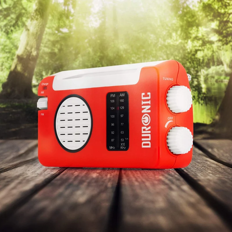 Duronic Hybrid Radio AM/FM - Aufladbar mit Solar, Kurbel und USB - 300mAh Akku - Bis zu 7h Musik mit voller Ladung - Mit Kopfhöreranschluss - Notfallradio - Kompaktradio für Camping und Outdoor