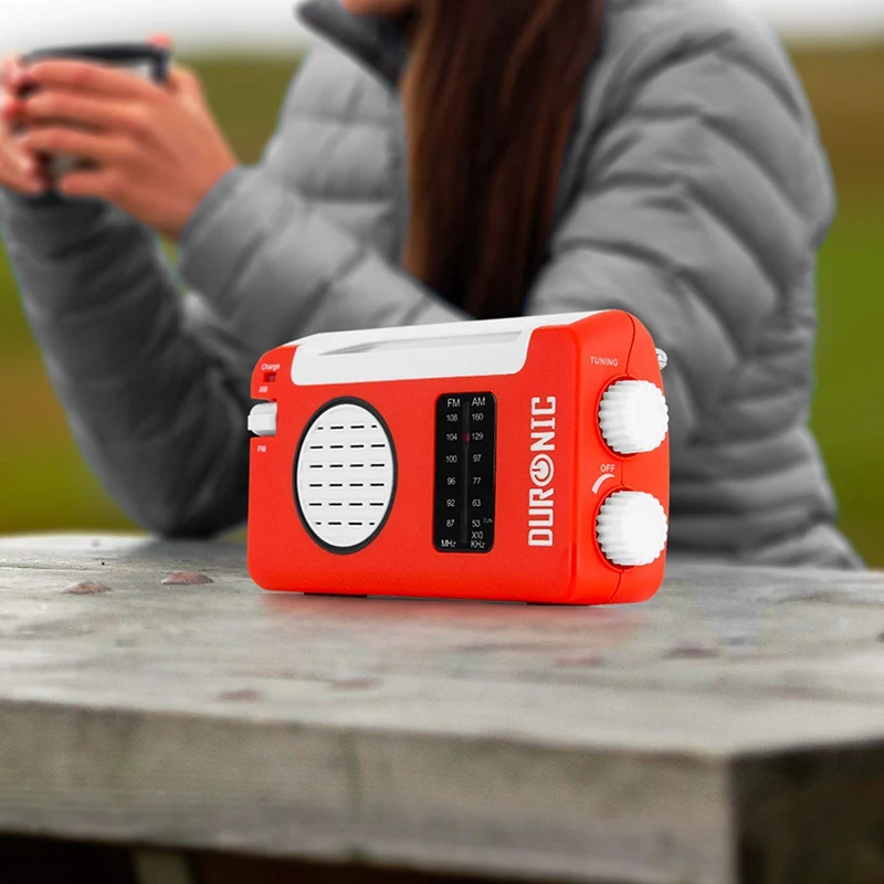 Duronic Hybrid Radio AM/FM - Aufladbar mit Solar, Kurbel und USB - 300mAh Akku - Bis zu 7h Musik mit voller Ladung - Mit Kopfhöreranschluss - Notfallradio - Kompaktradio für Camping und Outdoor