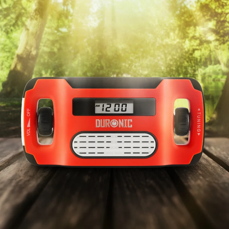 Duronic Apex Radio AM/FM | Mit Radiowecker und Taschenlampe | Aufladbar mit Solar, Kurbel und USB | 300mAh Akku | Bis zu 7h Musik mit voller Ladung | Ladefunktion für Handy | Notfallradio