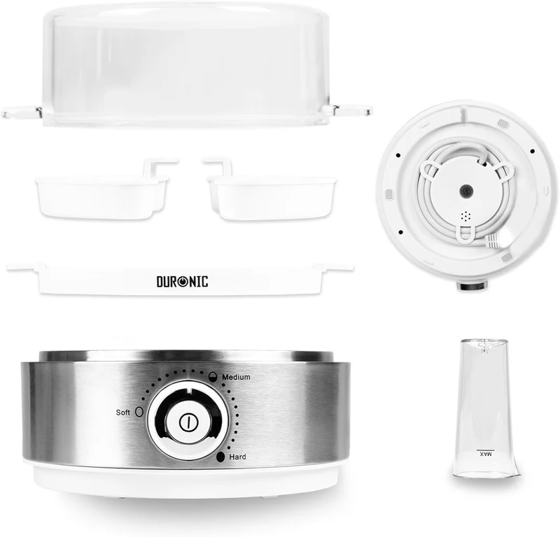 Duronic EB40 WE Eierkocher, Eierkocher für 7 Eier, 400 Watt Eierkocher, Härtegrad von weich bis hart, Überhitzungsschutz und Timer, Eierkocher mit Messbecher und Eipick, Frühstücksei für Familie