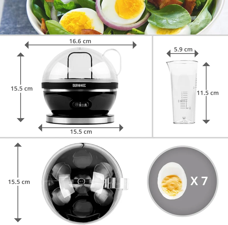 Duronic EB27 BK Eierkocher für bis zu 7 Eier, Elektrischer Egg Boiler 400W Härtegradeinstellung weich, mittel, hart, Timer & Überhitzungsschutz, inkl. Messbecher & Eipick, Perfektes Frühstücksei