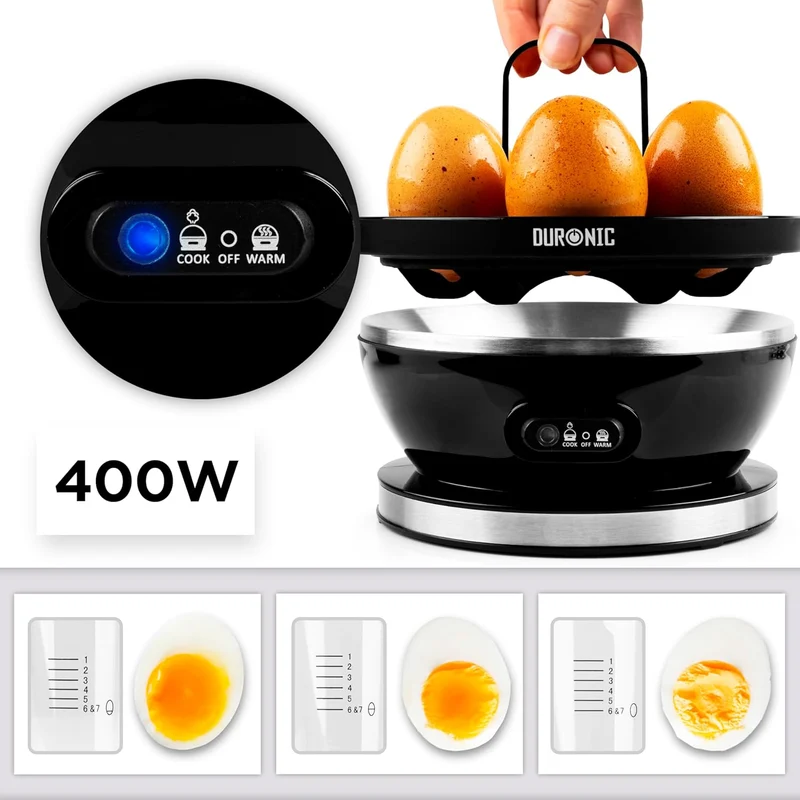 Duronic EB27 BK Eierkocher für bis zu 7 Eier, Elektrischer Egg Boiler 400W Härtegradeinstellung weich, mittel, hart, Timer & Überhitzungsschutz, inkl. Messbecher & Eipick, Perfektes Frühstücksei