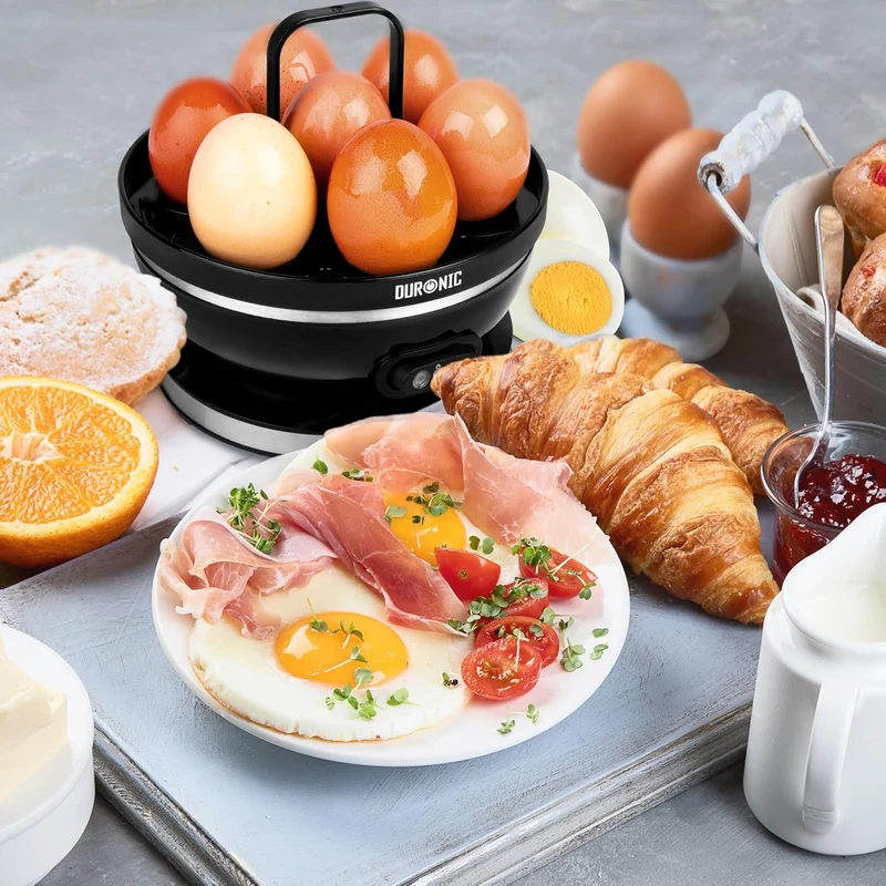 Duronic EB27 BK Eierkocher für bis zu 7 Eier, Elektrischer Egg Boiler 400W Härtegradeinstellung weich, mittel, hart, Timer & Überhitzungsschutz, inkl. Messbecher & Eipick, Perfektes Frühstücksei