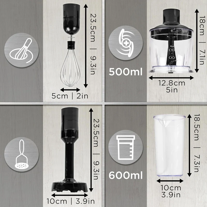 Duronic HBA35 Zubehör für elektrischen Stabmixer, Aufsatz für Pürierstab HB35B oder HB35C von Duronic, Zerkleinerer, Kartoffelstampfer, Schneebesen und Messbecher 600 ml, Zubehör für Handrührgerät