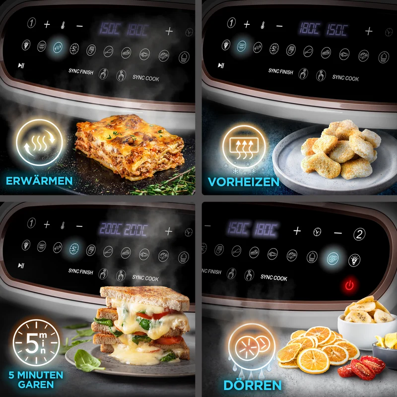 Duronic AF34 WG Heißluftfritteuse mit Sichtfenster | XXL Doppel Air fryer mit 2 Kammern 10 L | 2400 W Dual Zone Air Fryer | HLF mit 10 Programme | Inklusive großer Frittierkorb | Touchscreen Fritteuse