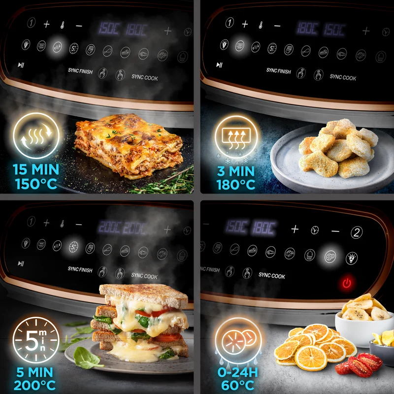 Duronic AF34 BG Dual Air Fryer, Doppel Heißluftfritteuse mit extragroßer Schublade, HLF Heißluftfriteuse für Süßkartoffel Pommes, Frittieren ohne Öl