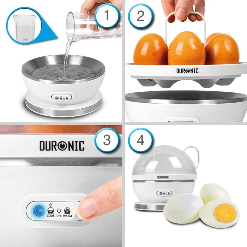 Duronic EB27 WE Eierkocher für bis zu 7 Eier, Elektrischer Egg Boiler 400W Härtegradeinstellung weich, mittel, hart, Timer & Überhitzungsschutz, inkl. Messbecher & Eipick, Perfektes Frühstücksei