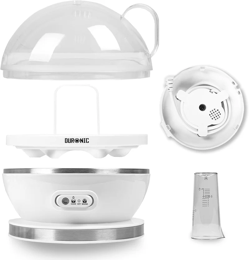 Duronic EB27 WE Eierkocher für bis zu 7 Eier, Elektrischer Egg Boiler 400W Härtegradeinstellung weich, mittel, hart, Timer & Überhitzungsschutz, inkl. Messbecher & Eipick, Perfektes Frühstücksei