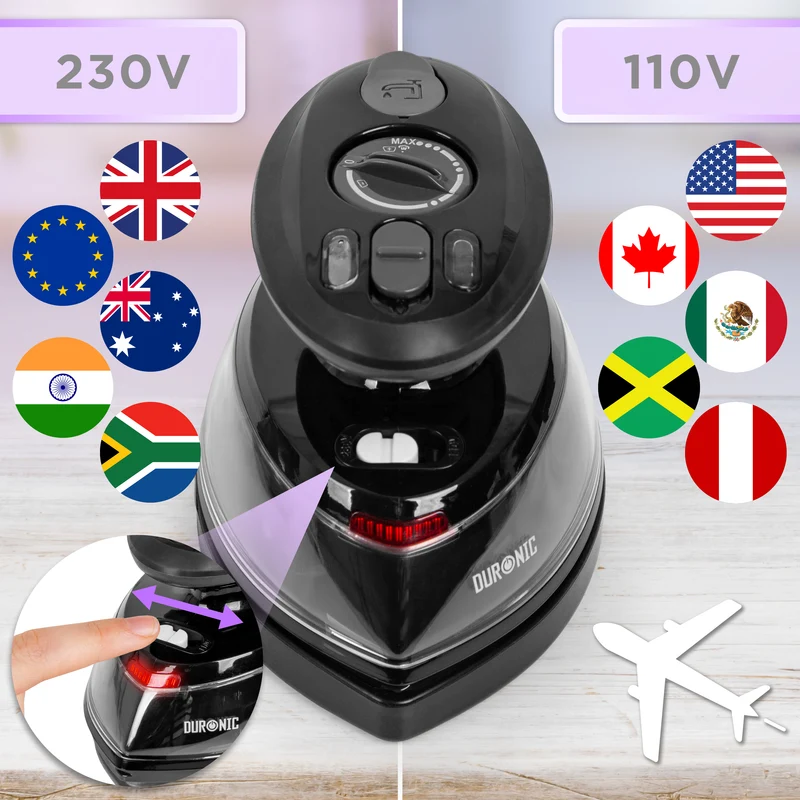 Duronic SI3 BK Mini Reisebügeleisen, 400W Mini Bügeleisen, Dampfbügeleisen 35ml Wassertank, kleines Reisebügeleisen Dampf, Handbügeleisen Keramikfläche, für Kleidung nähen, 2 Betriebsspannungen