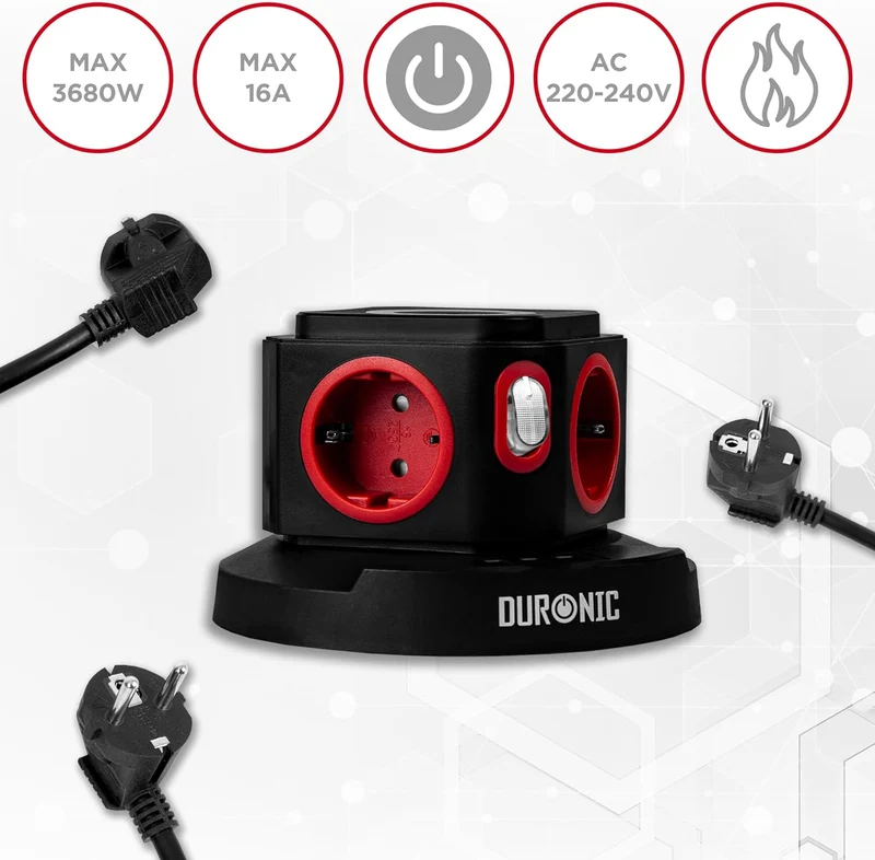 Duronic ET4W Mehrfachsteckdose | Steckdosenwürfel mit 3 USB Ports und Wireless Charging | 4-Fach Steckdose 3680W 16A | Steckdosenleiste mit Überspannungsschutz | Steckdosenturm mit 1,8 m Kabel