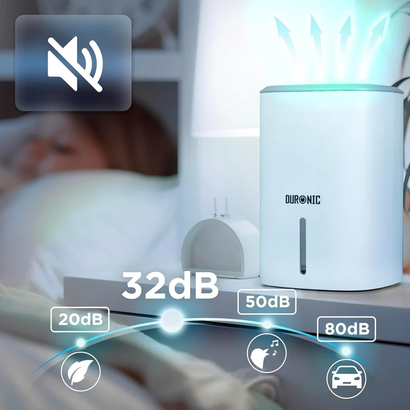 Duronic DH06 WE Luftentfeuchter | Leiser Entfeuchter für 5-10m² Räume | Kleiner Kondenstrockner mit 0,8 Liter Wassertank | 23 Watt Raumentfeuchter gegen Schimmel | Gegen Kondenswasser im Schlafzimmer