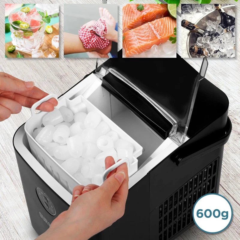 Duronic ICM12 BK Automatische Eiswürfelmaschine | 8 Eiswürfel in 6 - 8 min | 1 L Wassertank | Bis zu 12 kg pro 24 Stunden | Leiser Kompressor bis 54dB | Eismaschine 120W | 1 kg Eis Eiswürfelbereiter