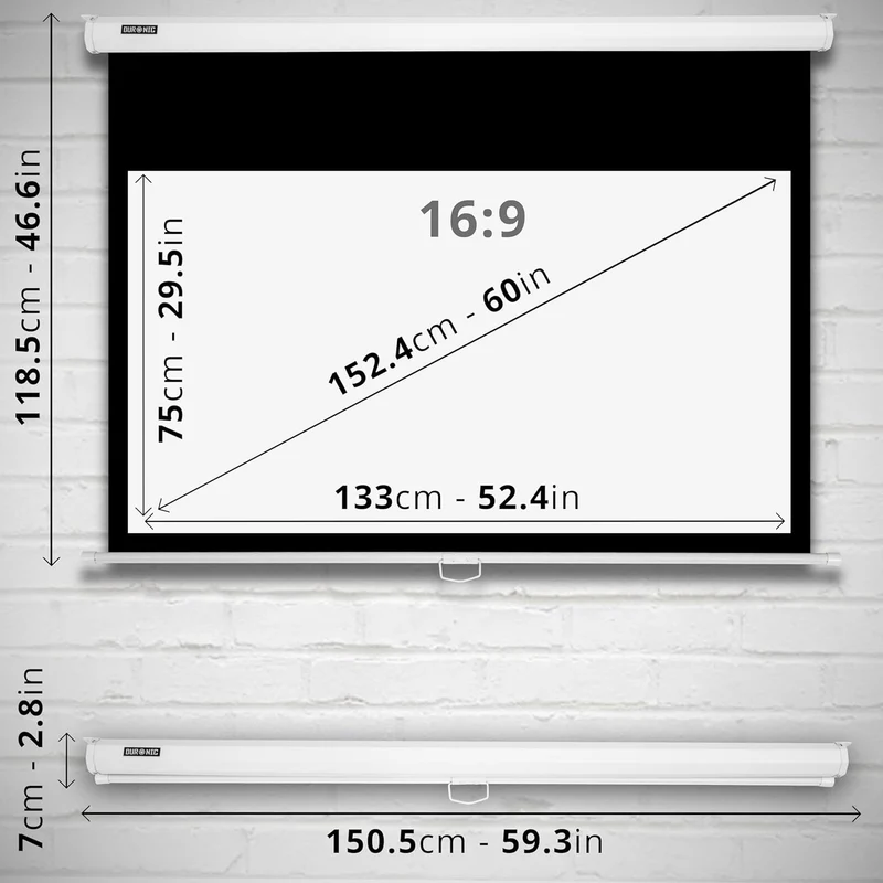 Duronic MPS60 16:9 WE Beamer Leinwand | 60 Zoll Projektor Leinwand | 16:9 Heimkino | Gain +1 Rolloleinwand für Wand- oder Deckenmontage | 4K UHD, 3D, Full HD 1080p | Kompakte Projektionsleinwand Weiß