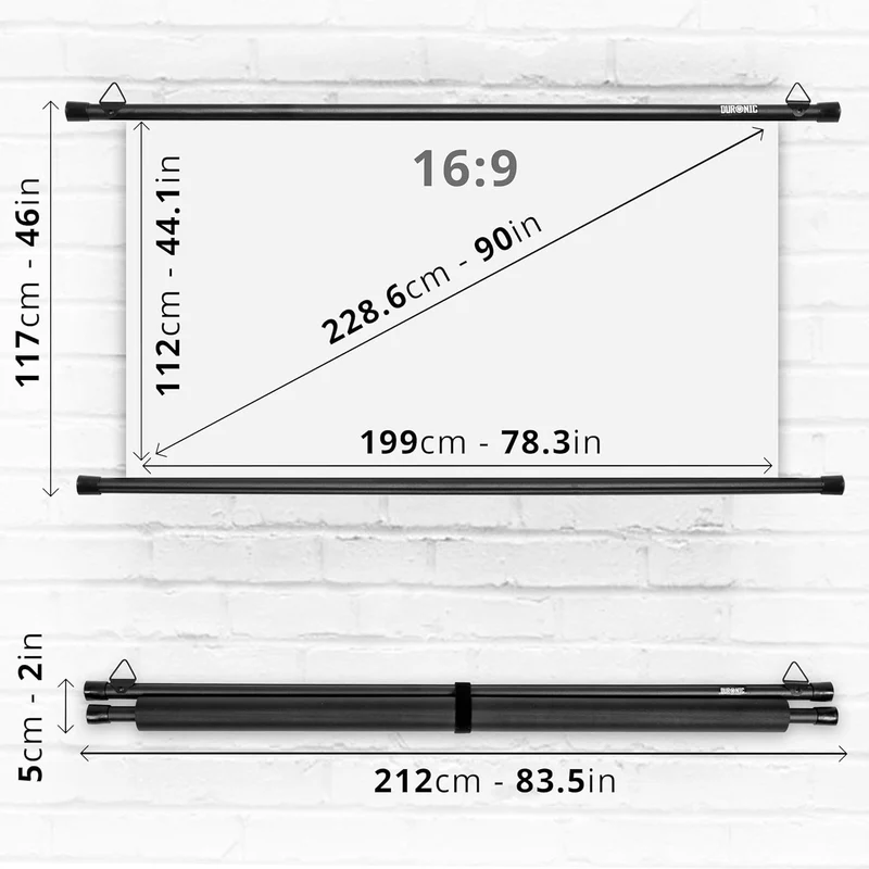 Duronic BPS90 16:9 Projektorleinwand, Beamerleinwand 90 Zoll, Heimkino mit 4K Full HD 3D, Rolloleinwand 1.0 Gain, Beamer Leinwand für Wandmontage, Filmnacht, Videoleinwand für Büro Schulen