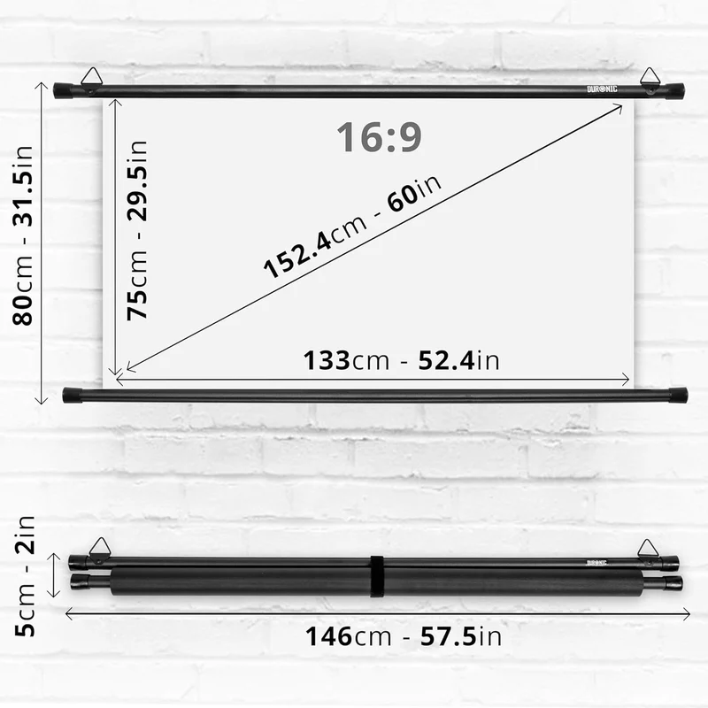 Duronic BPS60 16:9 Projektorleinwand, Beamerleinwand 60 Zoll, Heimkino mit 4K Full HD 3D, Rolloleinwand 1.0 Gain, Beamer Leinwand für Wandmontage, Filmnacht, Videoleinwand für Büro Schulen