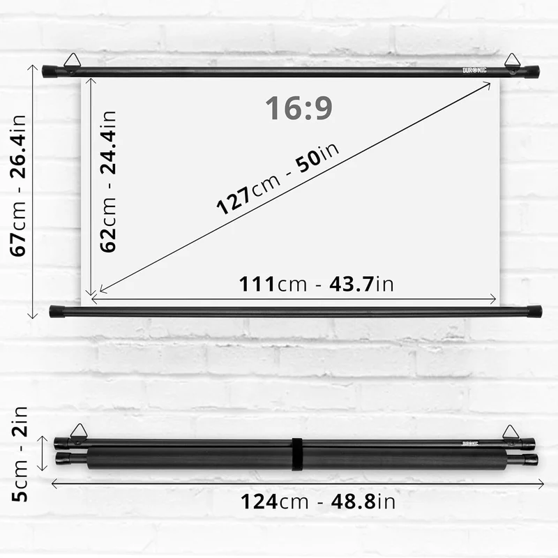 Duronic BPS50 16:9 Projektorleinwand, Beamerleinwand 50 Zoll, Heimkino mit 4K Full HD 3D, Rolloleinwand 1.0 Gain, Beamer Leinwand für Wandmontage, Filmnacht, Videoleinwand für Büro Schulen
