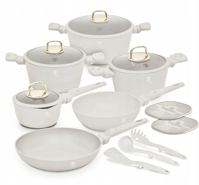 BerlingerHaus Topfset Matt Creme 11-Teilig - Kochtöpfe ø 20, 24, 28 cm, Bratpfannen ø 24, 28 cm & Stielkasserolle ø 16 cm - Geeignet für alle Wärmequellen