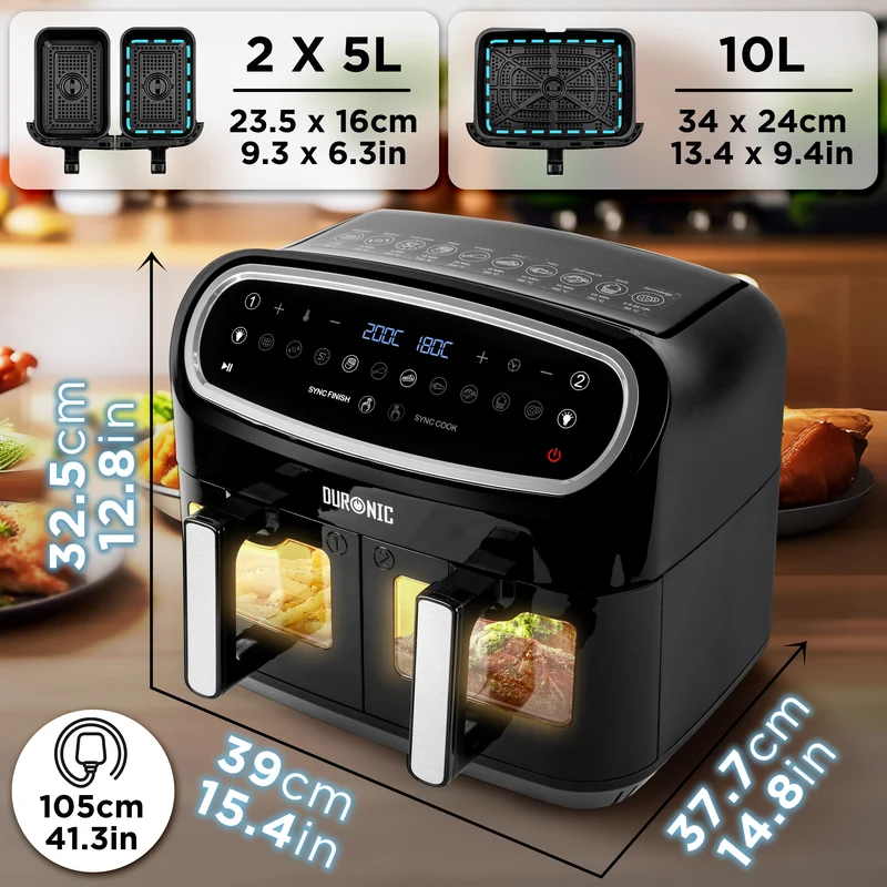 Duronic AF34 BK Heißluftfriteuse, Heißluftfritteuse für Süßkartoffel Pommes, Friteuse HLF 10L Volumen Heißluftfrittöse, Fritteuse für Rezepte ohne Öl