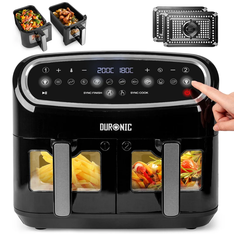Duronic AF24 BK Heißluftfritteuse, Doppel-Fritteuse mit 10 Liter Volumen, Gleichzeitiges Kochen oder Fertigstellen, 10 voreingestellte Programme, Touch Control, Frittieren ohne Öl, 2400 Watt