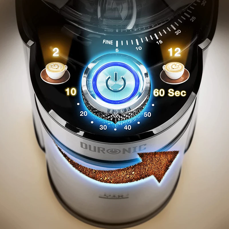 Duronic BG200 Elektrische Kegelmühle | 200 W Kaffeemühle mit Mahlwerk | 200 g Kaffeebohnen | Mahlgrad von grob bis fein | Mengendosierung bis 12 Tassen Kaffee | geeignet für French Press Café