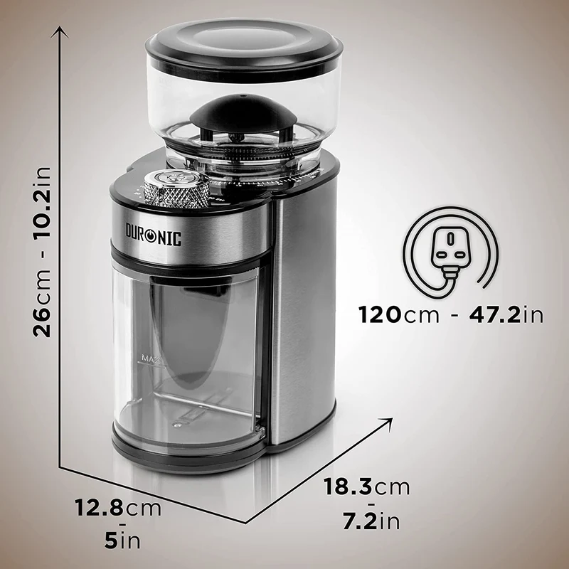 Duronic BG200 Elektrische Kegelmühle | 200 W Kaffeemühle mit Mahlwerk | 200 g Kaffeebohnen | Mahlgrad von grob bis fein | Mengendosierung bis 12 Tassen Kaffee | geeignet für French Press Café