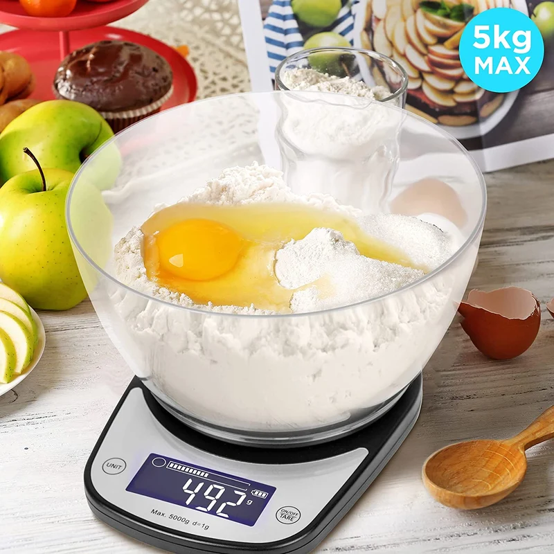 Duronic KS5000 BK/CR Küchenwaage | 5 kg Digitalwaage oval mit 2,5 L abnehmbarer Schüssel | 1 g grammgenau Präzision-Feinwaage | Haushaltswaage mit Tara-Funktion | Digitale Waage mit Hold-Funktion