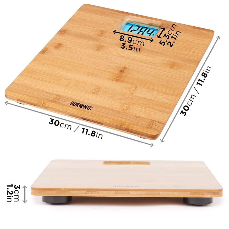 Duronic BS504 Personenwaage aus Bambus Holz | Digitale Waage bis 180 kg | AAA Batterien | Hochpräzisions-Sensoren Step-On Technik | Hintergrundbeleuchtete Gewichtswaage 30 x 30 cm | Badezimmerwaage
