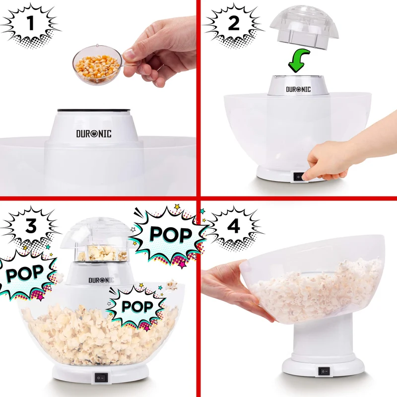 Duronic POP50 WE Popcornmaschine | Heißluft ohne Fett & Öl | 1200 Watt | inkl. Messbecher | für 50 Gramm Mais | abnehmbare Schüssel | Ölfreies Popcorn | Kalorienarm | Weiß